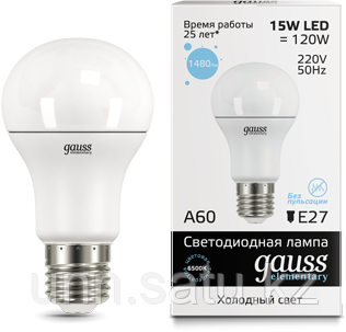 Лампа Gauss Elementary LED A60 15W E27 6500K 1/10/50, фото 2
