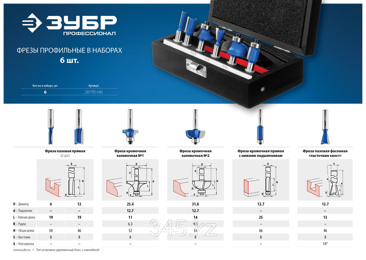 Набор профильных фрез по дереву ЗУБР "ПРОФЕССИОНАЛ", 6 шт - фото 4 - id-p68488077