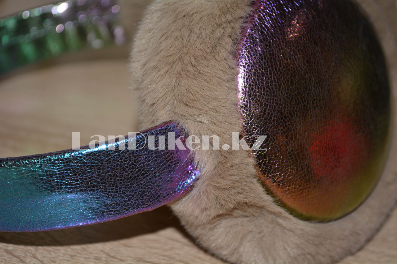 Меховые наушники с переливающейся тканью 18815-6 золотисто синей ( мех коричневый) - фото 7 - id-p56108799