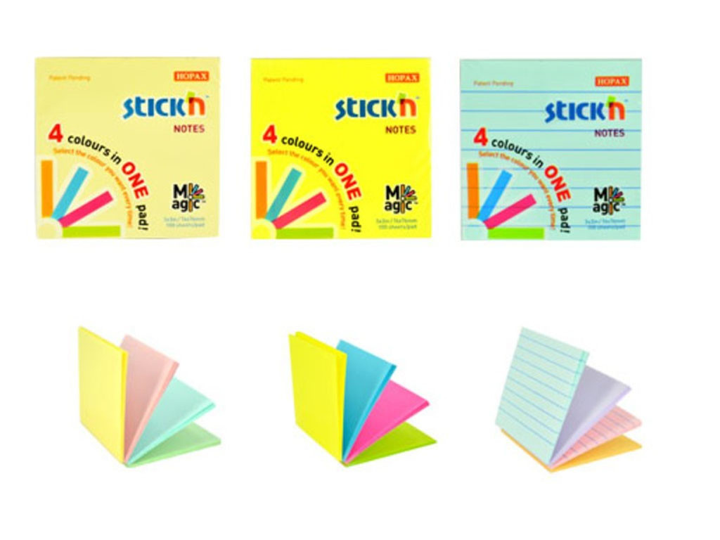 Клейкие листики STICK`N Magic 76 х 76 мм, 4 цвета, 100 листов