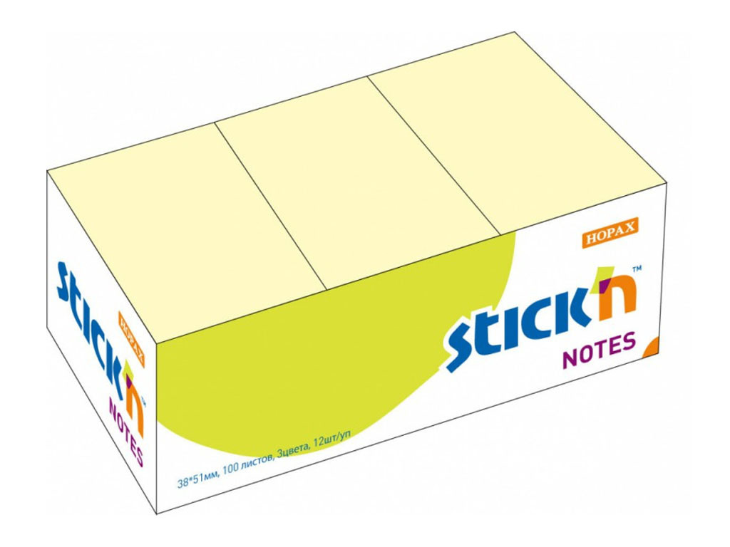 Клейкие листки STICK`N 38 х 51 мм желтые, 100 листов