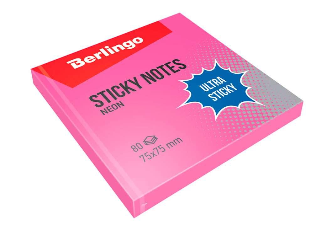 Клейкие листки BERLINGO "Ultra Sticky" 75х75 мм, розовый неон, 80 листов