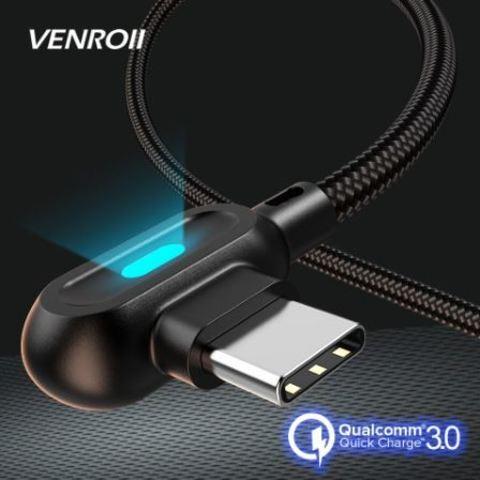 Кабель USB Type-C 2.4 А QC 90° со светодиодной подсветкой для быстрой зарядки VENROII (Черный / 1 метр) - фото 2 - id-p69181032