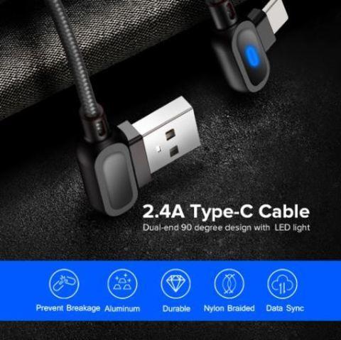 Кабель USB Type-C 2.4 А QC 90° со светодиодной подсветкой для быстрой зарядки VENROII (Черный / 1 метр) - фото 3 - id-p69181032