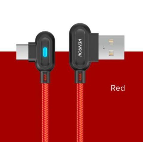 Кабель USB Type-C 2.4 А QC 90° со светодиодной подсветкой для быстрой зарядки VENROII (Черный / 1 метр) - фото 8 - id-p69181032