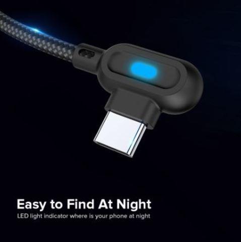 Кабель USB Type-C 2.4 А QC 90° со светодиодной подсветкой для быстрой зарядки VENROII (Черный / 2 метра) - фото 4 - id-p69181033