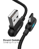Кабель USB Type-C 2.4 А QC 90° со светодиодной подсветкой для быстрой зарядки VENROII (Черный / 2 метра), фото 7