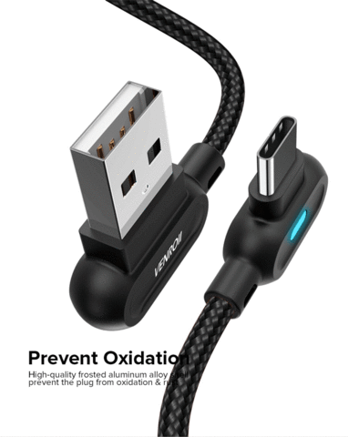 Кабель USB Type-C 2.4 А QC 90° со светодиодной подсветкой для быстрой зарядки VENROII (Черный / 2 метра) - фото 7 - id-p69181033