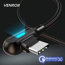 Кабель USB Type-C 2.4 А QC 90° со светодиодной подсветкой для быстрой зарядки VENROII (Черный / 1 метр), фото 2