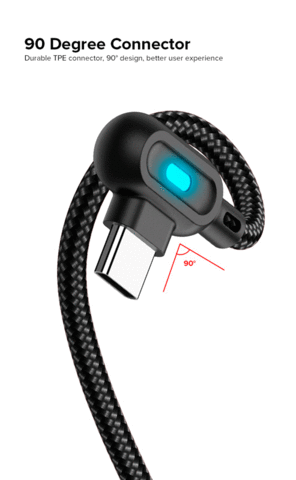 Кабель USB Type-C 2.4 А QC 90° со светодиодной подсветкой для быстрой зарядки VENROII (Черный / 1 метр) - фото 6 - id-p69181657