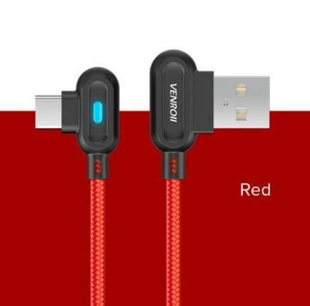 Кабель USB Type-C 2.4 А QC 90° со светодиодной подсветкой для быстрой зарядки VENROII (Красный / 1 метр), фото 2
