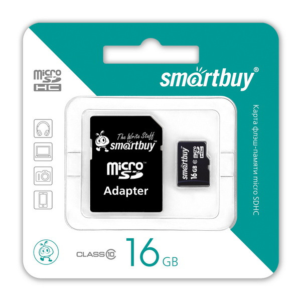 Карта памяти Micro SDHC 16GB Class 10 Smartbuy (с адаптером SD)