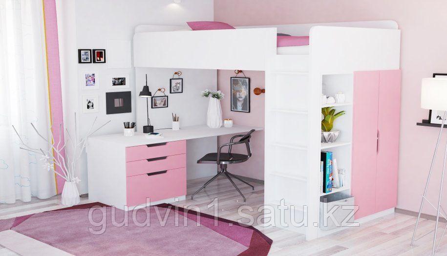 Кровать - чердак Polini Simple с письменным столом и шкафом, цвет белый роза 00-72570