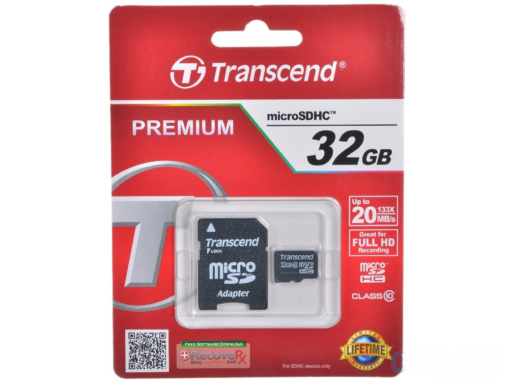 Карта памяти Micro SDHC 32Gb Transcend Class 10, адаптер