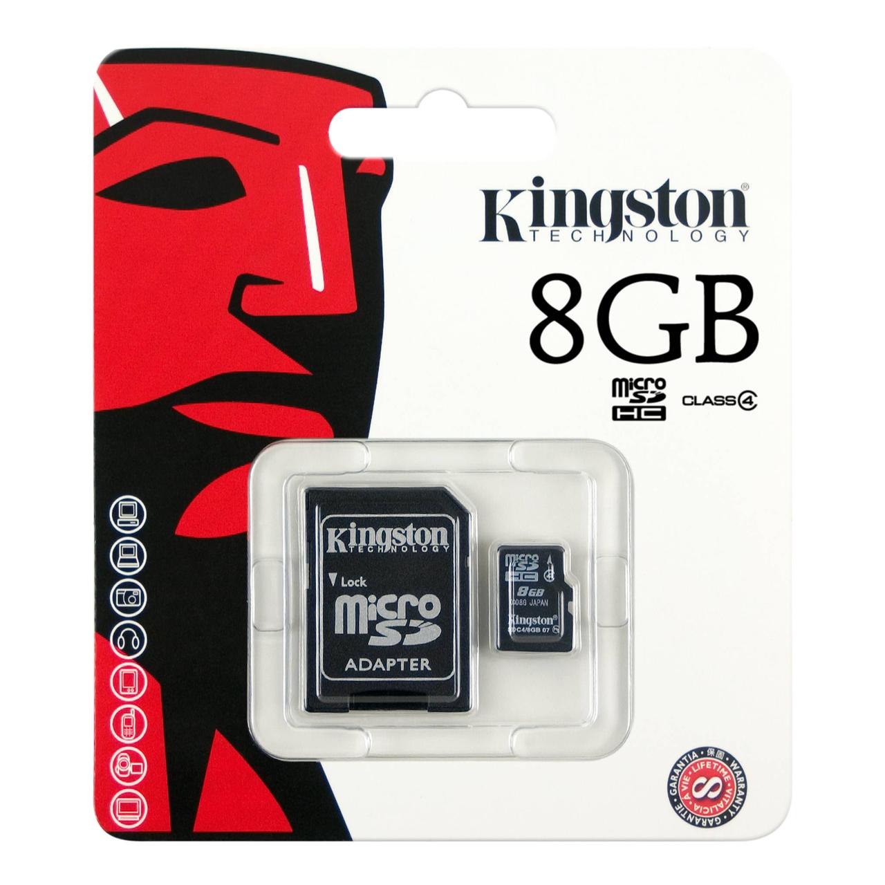 Карта памяти Micro SDHC 8Gb Kingston, Class 4, + adapter SD
