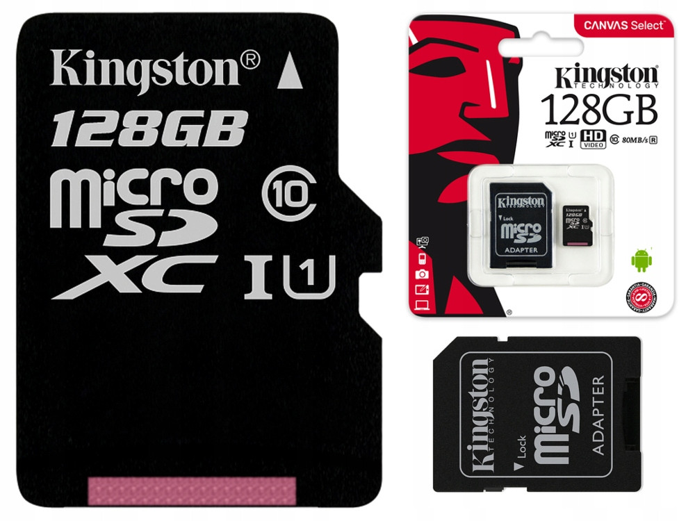 Карта памяти Micro SDXC 128Gb Kingston, Class10, адаптер, 10/10 Мбайт/с