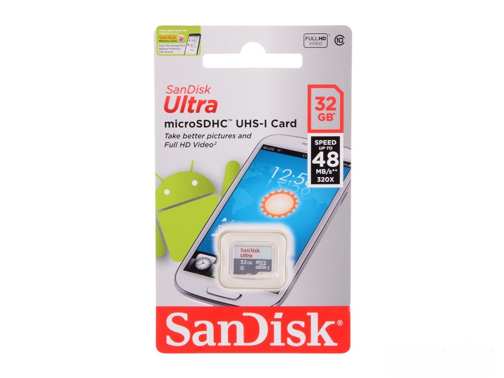 Карта памяти Micro SDXC 32Gb SanDisk Ultra, Class 10 UHS-I, 48 Мб/с - фото 1 - id-p69304593