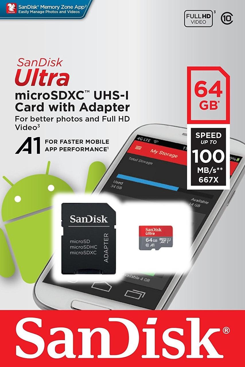 Карта памяти Micro SDXC 64Gb SanDisk Ultra, Class 10 UHS-I, адаптер, Android, 80 Мб/с - фото 1 - id-p69304739