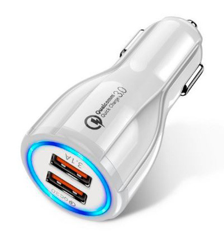 Зарядное устройство от прикуривателя {2 USB, QC 3.0, 3.1A} GETIHU с подсветкой и быстрой зарядкой (Белый)