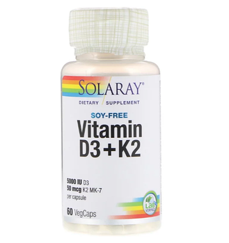 Solaray, Витамин D3 + K2, без сои, 60 капсул с оболочкой из ингредиентов растительного происхождения