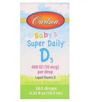 Carlson, Super Daily, витамин D3 для детей, 10 мкг (400 МЕ), 10,3 мл (0,35 жидк. унций)