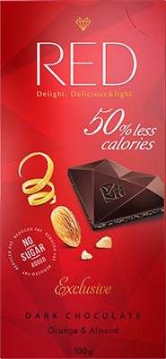 Темный шоколад с апельсином и миндалем со сниженной калорийностью, "RED Delight", 100 г