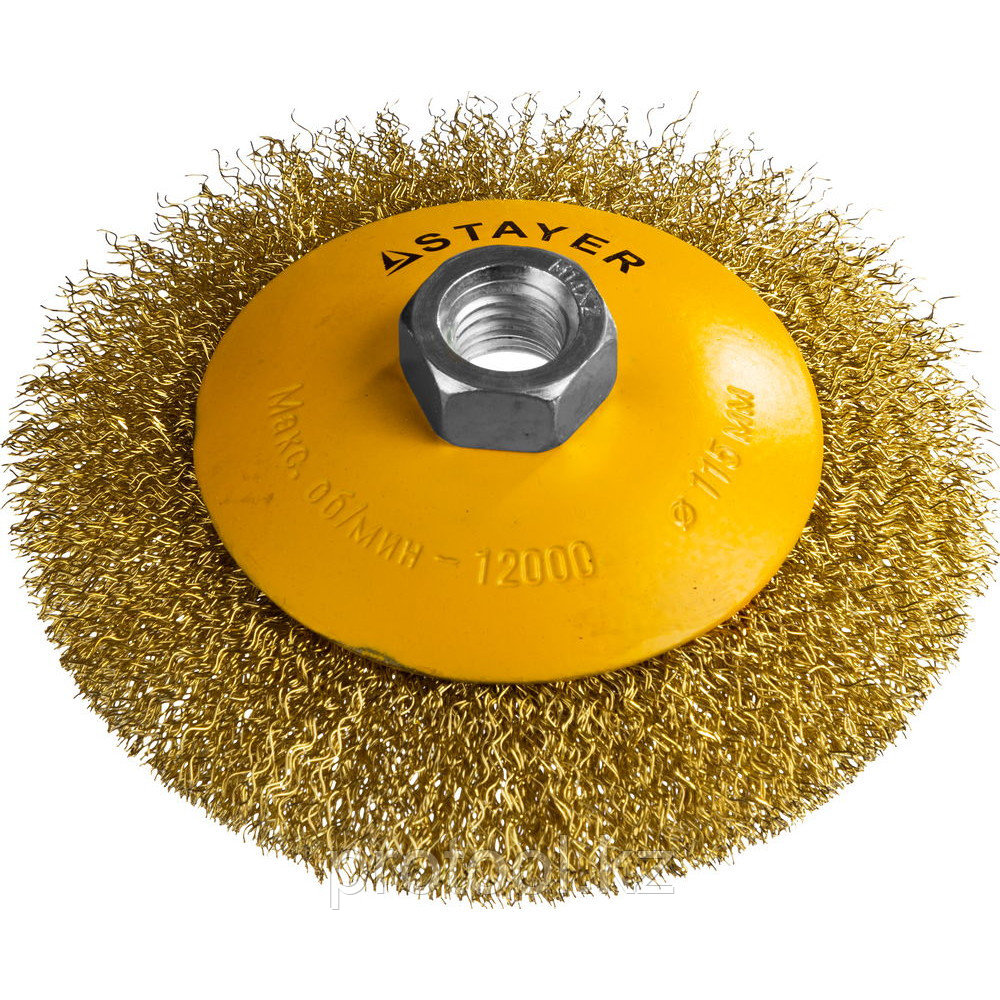 STAYER "PROFESSIONAL". Щетка коническая для УШМ, витая стальная латунированная проволока 0,3мм, 115ммхМ14