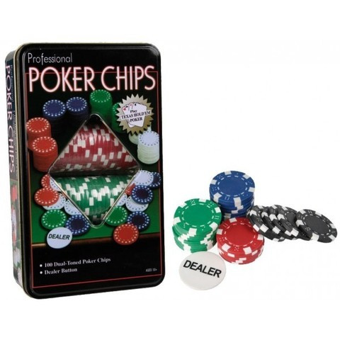 Набор номинальных фишек для покера в жестяной коробке «POKER CHIPS» [100 шт. + кнопка дилера] - фото 1 - id-p69746328