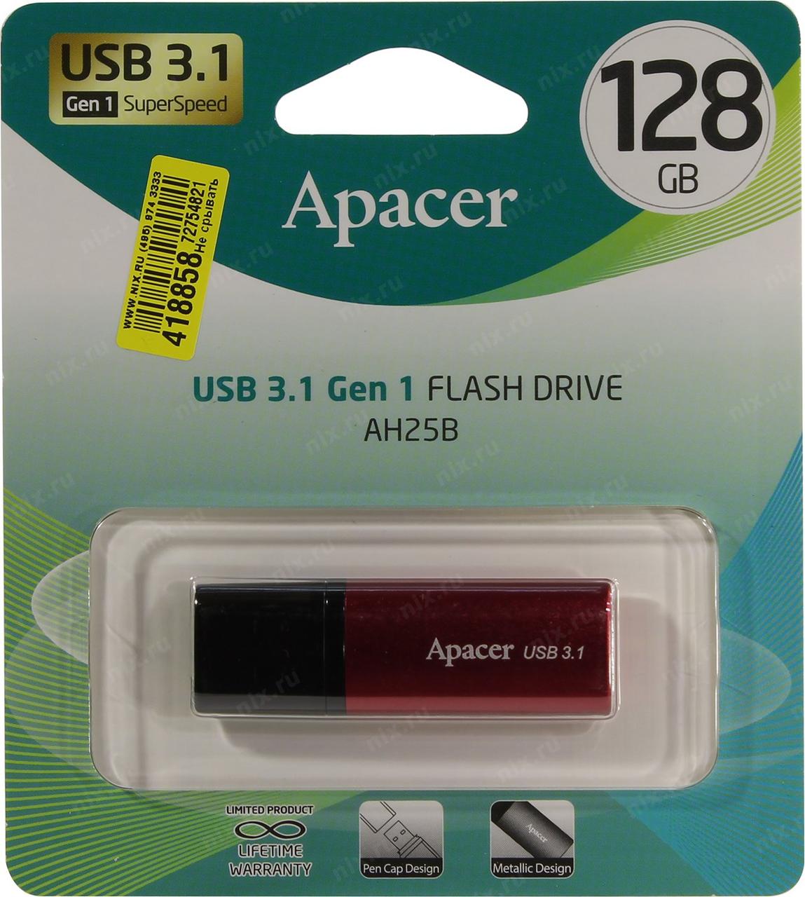 Флешка USB Apacer AH25B, 128GB, Красный ,flash AP128GAH25BR-1, USB 3.1, red - фото 1 - id-p67476045