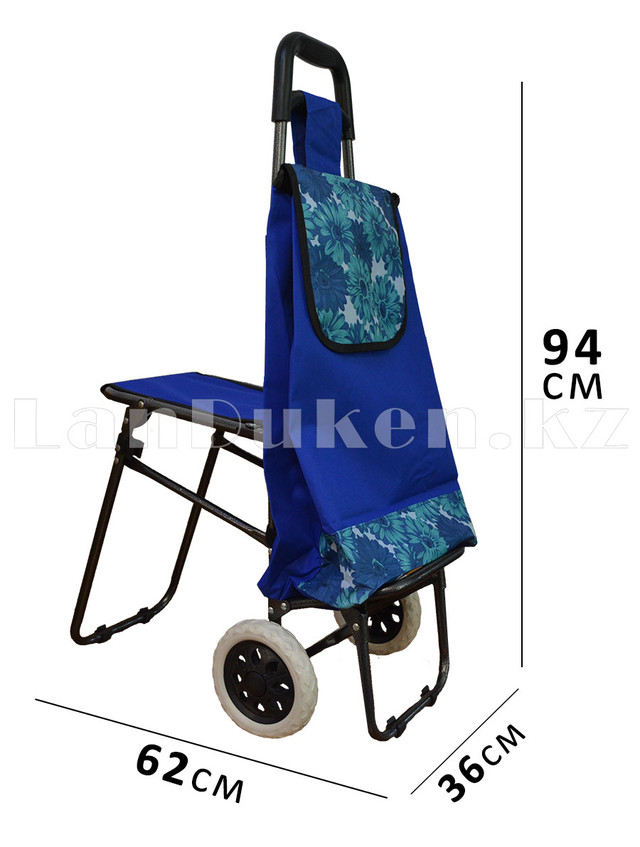 Складная сумка тележка + стульчик 2 в 1 на колесах синяя с принтом
