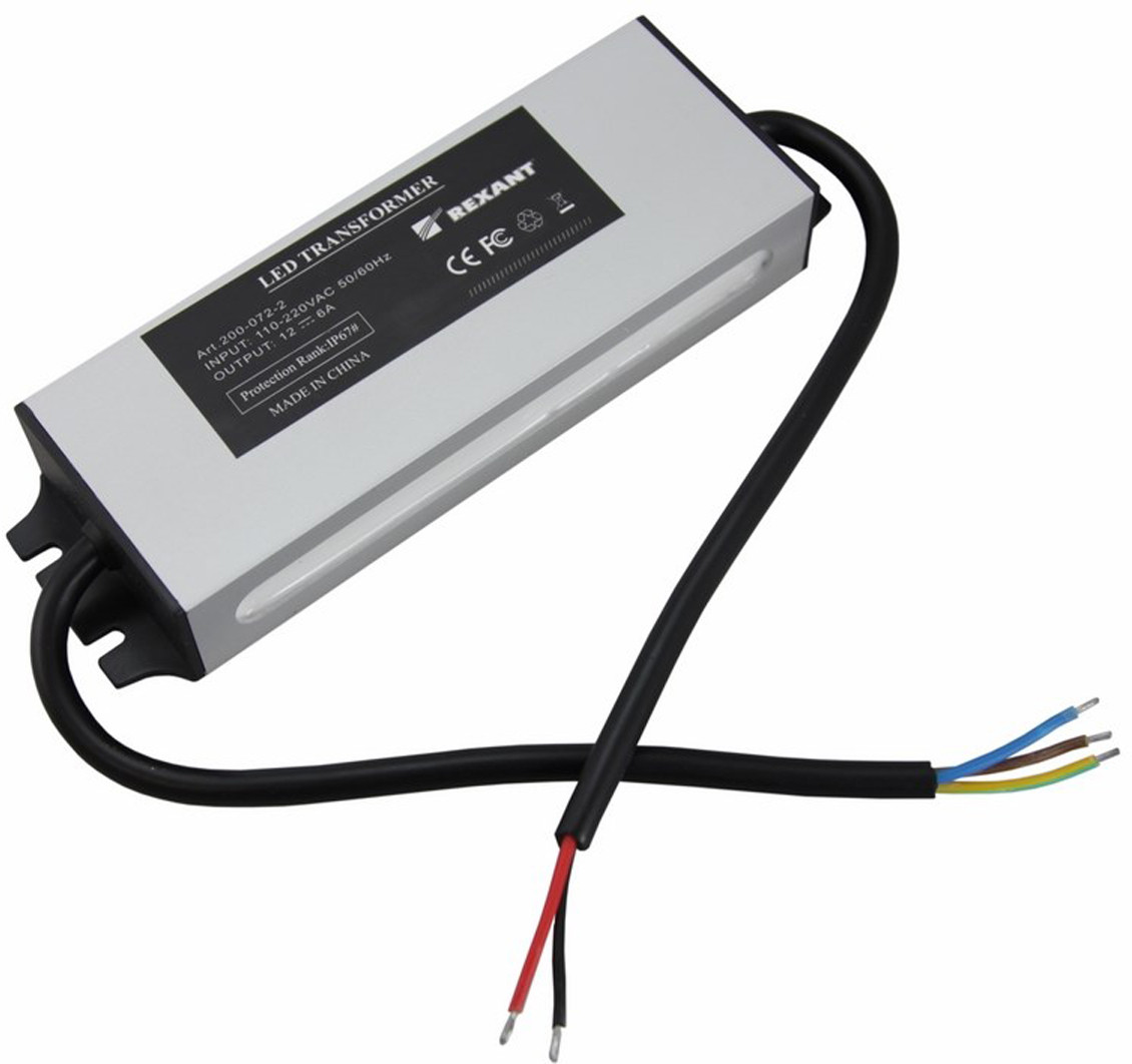 Источник питания тонкий 220V AC/24V DC, 3А, 72W с проводами, влагозащищенный (IP67)