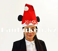 Новогодняя шапка красная с ушами мышки и помпоном/бантиком