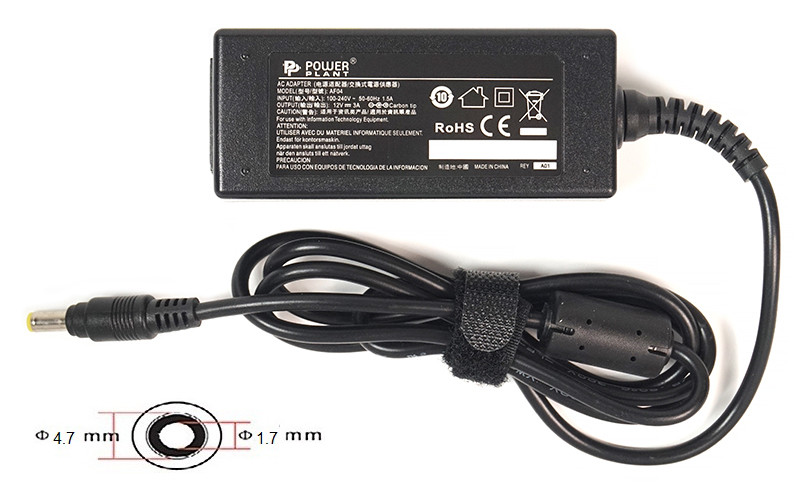Блок питания для ноутбуков PowerPlant ASUS 220V, 12V 36W 3A (4.7*1.7)