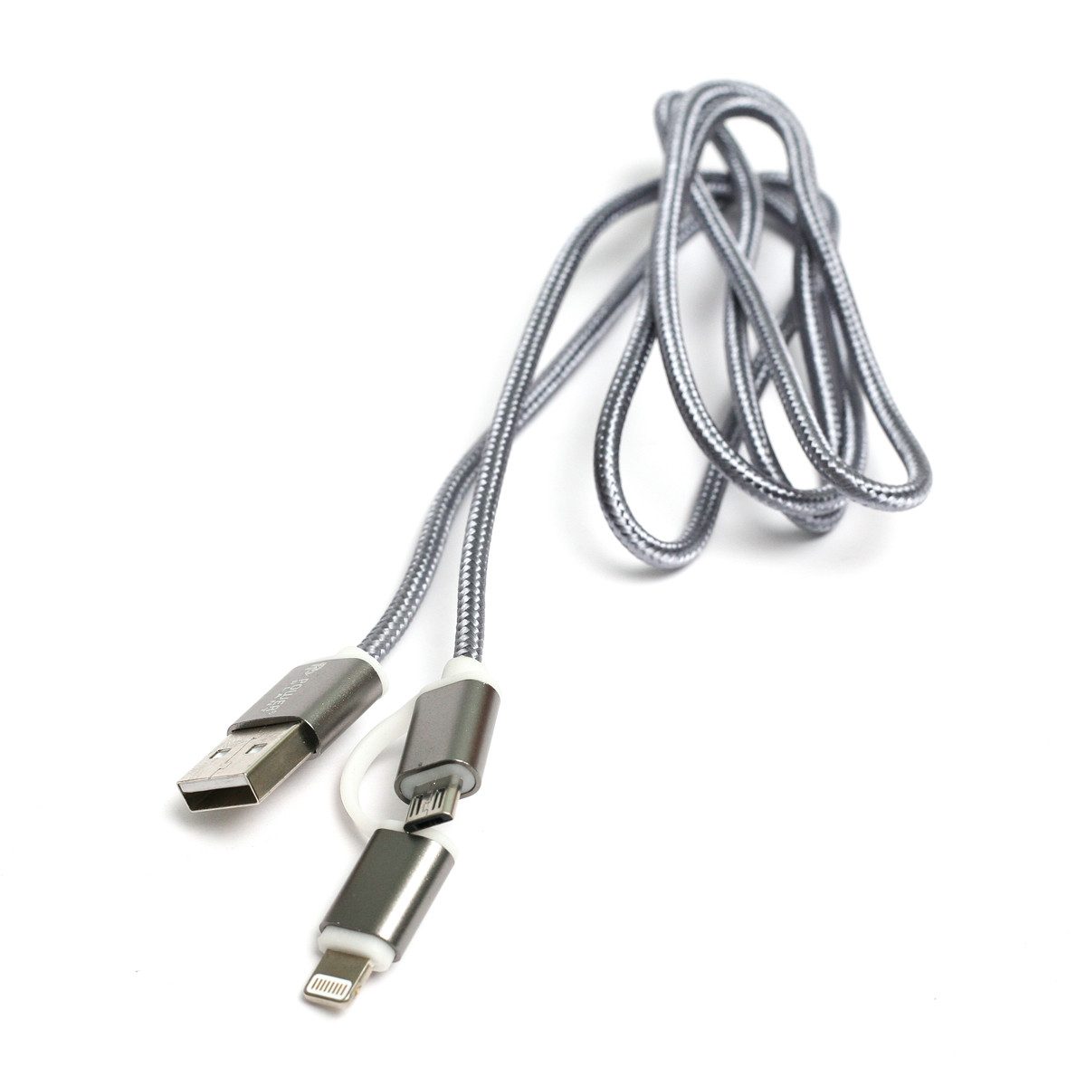Kабель PowerPlant Quick Charge 2A 2-в-1 cotton USB 2.0 AM – Lightning/Micro 1м grey