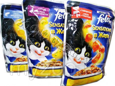 Felix Sensation, Феликс Сенсейшн кусочки с говядиной и томатом в желе для кошек, уп. 24*пауч 85гр