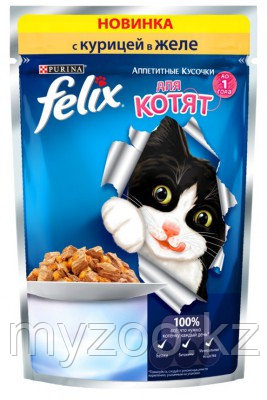 Felix, Феликс кусочки с курицей в желе для котят, уп. 24*пауч 85гр