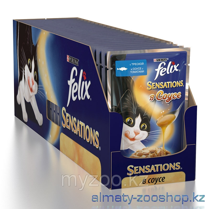 Felix Sensation, Феликс Сенсейшн кусочки трески с томатами в соусе для кошек, уп. 24*пауч 85гр