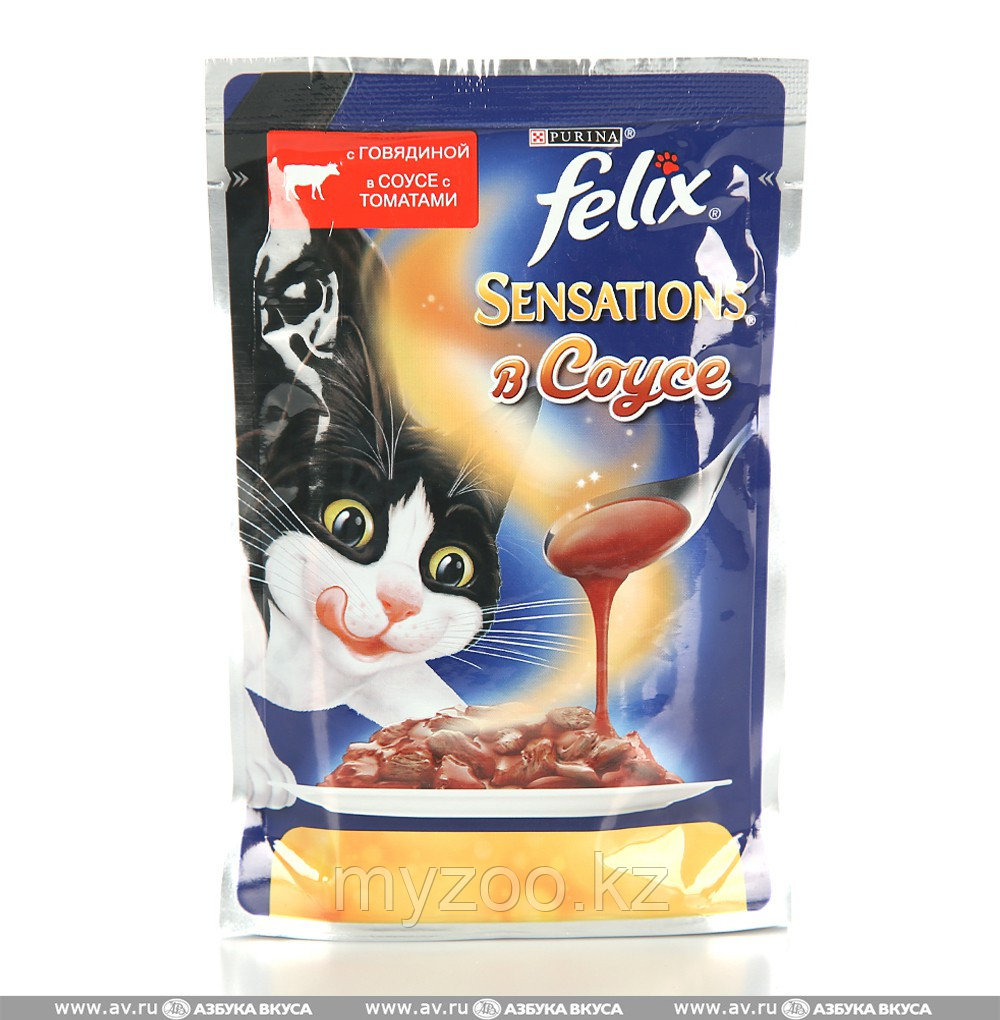 Felix Sensation, Феликс Сенсейшн кусочки говядины с томатами в соусе для кошек, уп. 24*пауч 85гр
