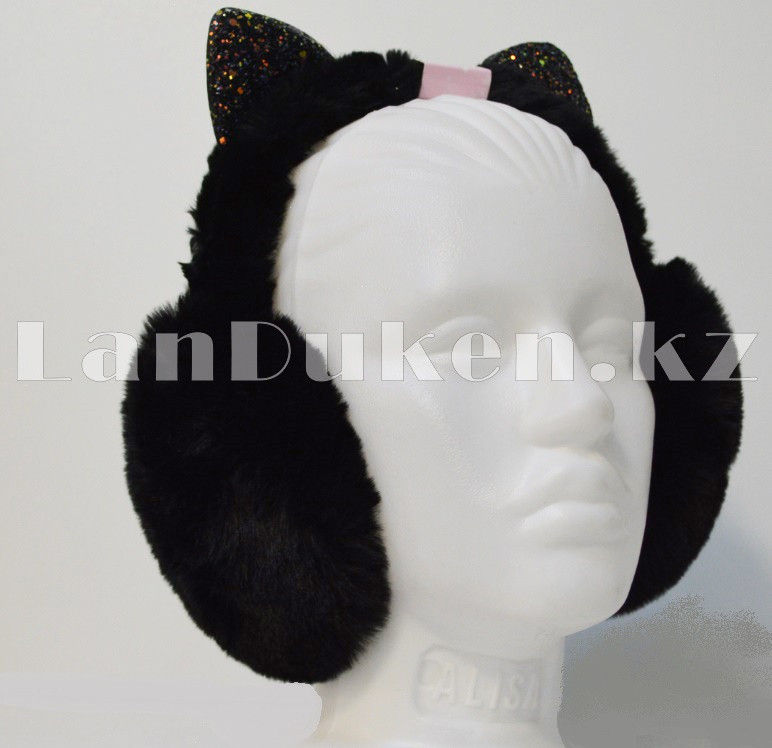 Наушники меховые Кошка, складные с блестящими ушками черные - фото 4 - id-p70030323