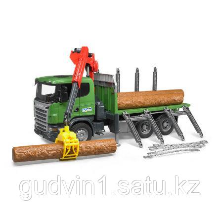 Лесовоз Scania с портативным краном и брёвнами Bruder 03-524