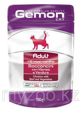 Gemon Cat Adult Pouch, влажный корм для взрослых кошек с телятиной и овощами, пауч 100гр.