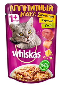 Whiskas Аппетитный Микс пауч для кошек утка, курица, сырный соус,75 гр