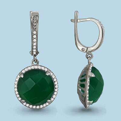 Серьги Aquamarine серебро с родием, агат зеленый фианит, "halo" 4436409А