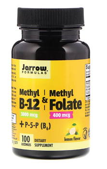 Jarrow Formulas, Метил B-12 и метилфолат со вкусом лимона, 1000 мкг / 400 мкг, 100 леденцов