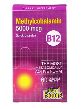 Natural Factors, B12, метилкобаламин, 5000 мкг, 60 жевательных таблеток