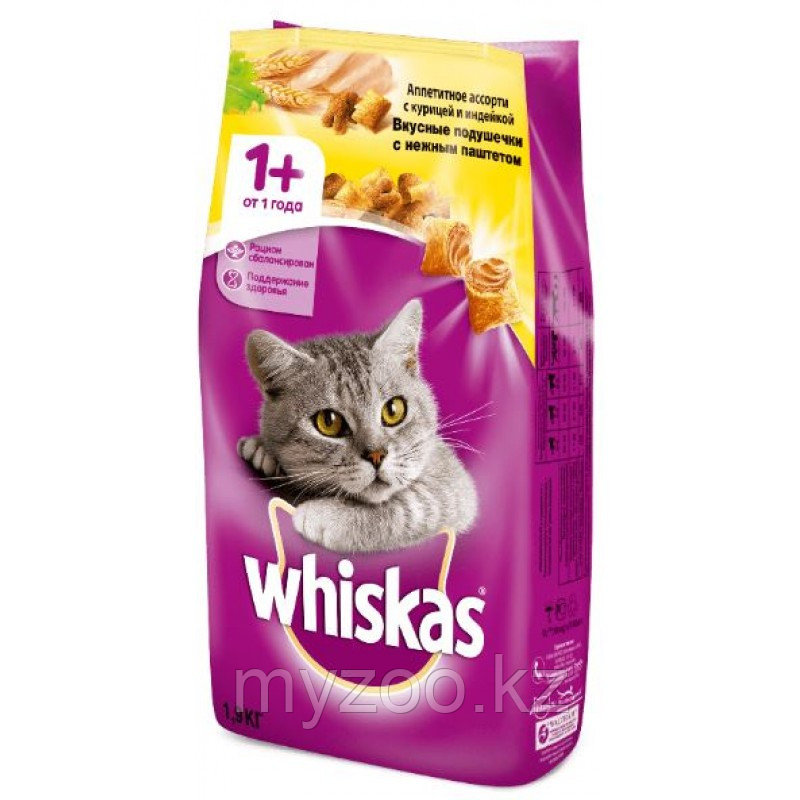 Сухой корм Whiskas Вискас подушечки с нежным паштетом из курицы с индейкой 1.9 кг