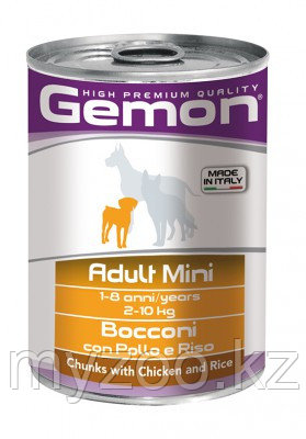 Gemon Dog Mini Adult, кусочки курицы c рисом для взрослых собак мелких пород, банка 415гр.