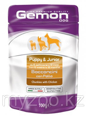 Gemon Dog High Premium Quality Chunkies Puppy & Junior Chicken, кусочки курицы для щенков, пауч 100гр.