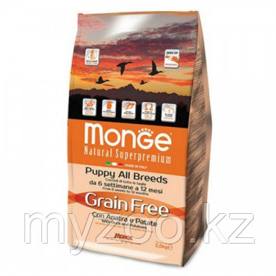 Monge Grain Free All Breeds Puppy & Junior Duck, Монже беззерновой корм для щенков всех пород с уткой,уп.2,5кг