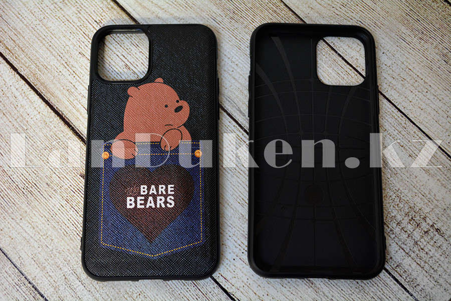 Чехол на iPhone 11 прорезиненный с кармашком чёрный с принтом бурого медведя